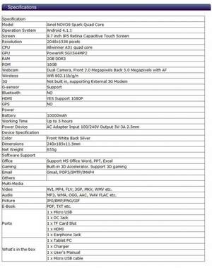 Ainol Novo 9 Firewire Allwinner A31 Android4.1 16GB HDMI WiFi 9.7''
